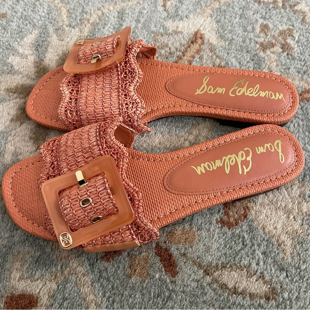 Sam Edelman Bambi Slide Buckle Detail Coral Raffia Size 9